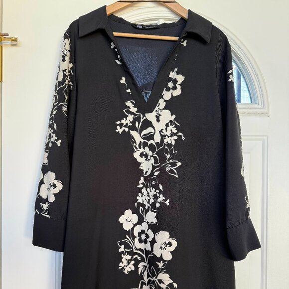 ZARA Womens Black Long Sleeve Minidress/Shirt w White Floral Details, Size:XL - Picture 2 of 9